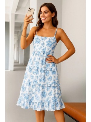 Marsilyan- Kadın Sıfır Kol Askılı Dekolteli Yırtmaç Detay Çiçek Baskılı Süprem Midi Elbise