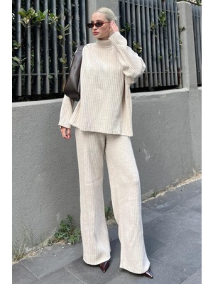 Madmext Ekru Uzun Kollu Triko Kazak Pantolon Ikili Takım MG2173