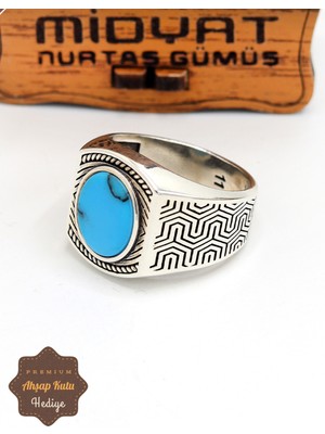 Midyat Nurtaş Gümüş Firuze Taşlı Geometrik Motifli 925 Ayar Gümüş Erkek Yüzük 201024872