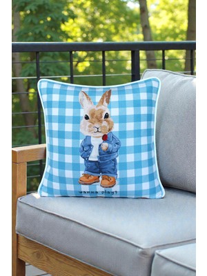 Visionario Kırlent Kılıfı Model Tavşan Desenli 45X45 Raşel Örme Kadife Çift Taraflı Dijital Baskı Beyaz Biyeli