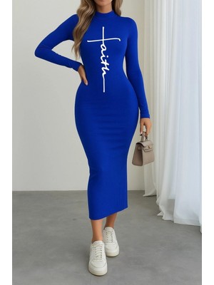 Marsilyan- Kadın Uzun Kollu Boğazlı Baskı Detaylı Viskon Tam Boy Elbise