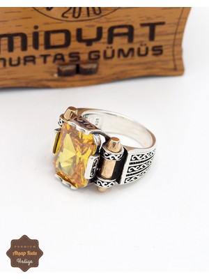 Midyat Nurtaş Gümüş Sitrin Taşlı Örgü Motifli 925 Ayar Gümüş Erkek Yüzük 201024884