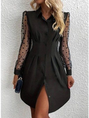 Marsilyan- Kadın Uzun Kollu Yakalı Düğmeli Mini Ithal Krep Elbise