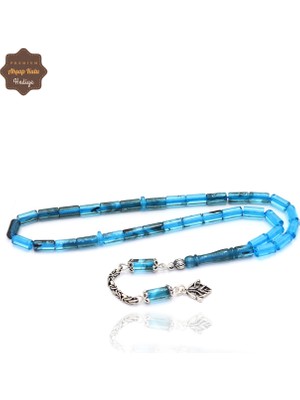 Midyat Nurtaş Gümüş Hareli Mavi Kesme Model Küçük Boy Gümüş Püsküllü Ateş Kehribar Tesbih 201024967