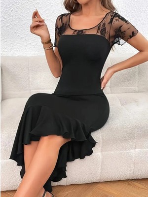 Marsilyan- Kadın Kısa Kollu Yakası Açık Dantel Detaylı Fırfırlı Asimetrik Janjan Krep Elbise