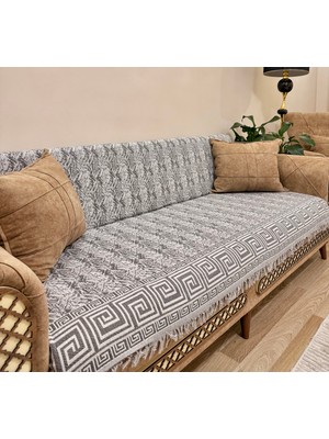 Koltuk Örtüsü Lüks Pamuklu Labirent Desen Kaymaz Çift Taraflı Saçaklı Dekoratif Günlük Kullanım
