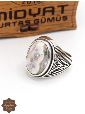 Midyat Nurtaş Gümüş Yoğurtlu Yemen Akik Taşlı Baklava Motifli 925 Ayar Gümüş Erkek Yüzük 201024902