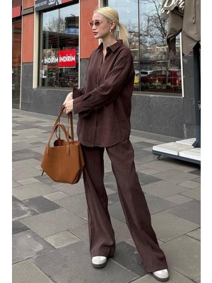 Madmext Acı Kahverengi Basic Kadın Gömlek Pantolon Ikili Takım MG2352