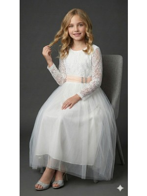 Ayyılmaz Kız Çocuk Abiye Elbise Belden Bağlamalı Uzun Kollu Ekru