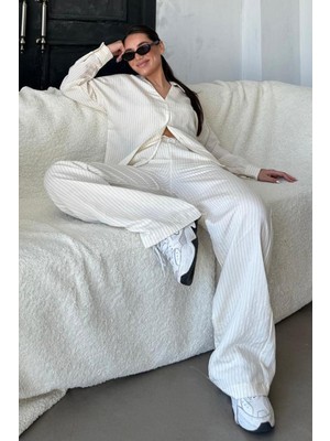 Madmext Ekru Uzun Kollu Çizgili Gömlek Pantolon Ikili Takım MG2329
