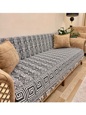 Koltuk Örtüsü Lüks Pamuklu Labirent Desen Kaymaz Çift Taraflı Saçaklı Dekoratif Günlük Kullanım