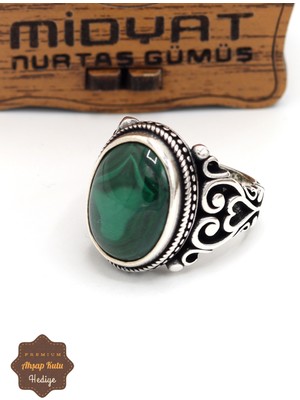Midyat Nurtaş Gümüş Malahit Taşlı Kalp Model 925 Ayar Gümüş Erkek Yüzük 201024864