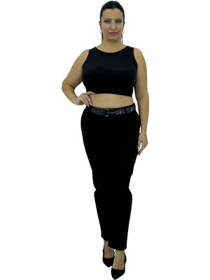 Carmito Büyük Beden Denim Toparlayıcı Kemerli Yüksek Bel Boru Paça Kadın Pantolon