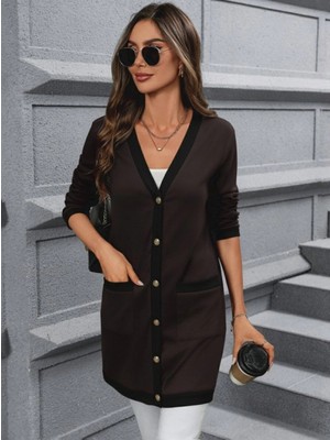 Marsilyan- Kadın Uzun Kollu Cepli Önden Düğmeli Uzun Modal Ceket Hırka