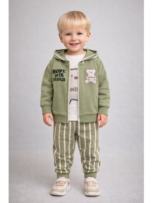 Dinamik çocuk Erkek Bebek 3'lü Hırkalı Mevsimlik Takım Kapüşonlu Fermuarlı+Badili+Çizgili Alt Eşofman 6-9-12-18-24AYLIK