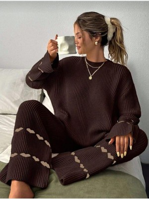 Rengastyle Kadın Kalp Desenli Kazak Pantolon Ikili Triko Takım