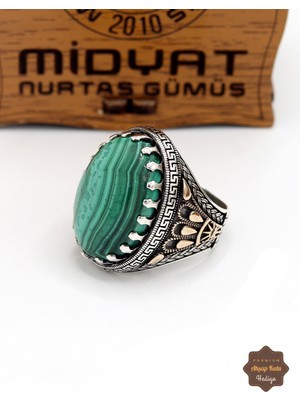 Midyat Nurtaş Gümüş Malahit Taşlı Tac Desenli 925 Ayar Gümüş Erkek Yüzük 201024911