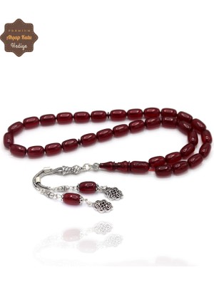 Midyat Nurtaş Gümüş Bordo Kapsül Kesim Gümüş Ay Yıldız Püsküllü Sıkma Kehribar Tesbih 201024956