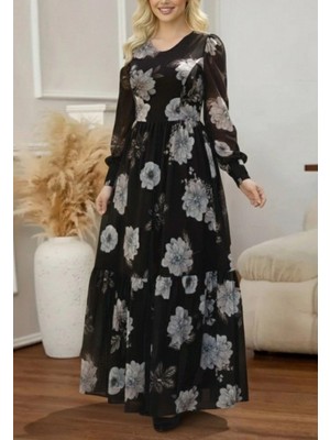 Marsilyan- Kadın Uzun Kollu V Yakalı Çiçek Desenli Maxi Süprem Elbise