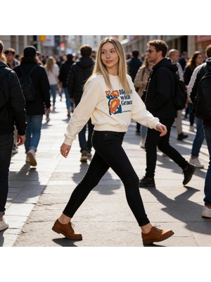 Orange Bloom Oversize 3 Iplik Şardonlu Pamuk Baskılı Bej Sweatshirt