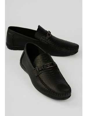 Mubiano Erkek Hakiki Deri Loafer Tokalı Krokodil Desenli Magnus Siyah