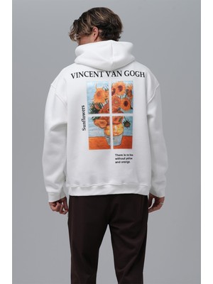 Oversize Van Gogh Baskılı Kapüşonlu Sweatshirt - Sunflowers Desenli - Anti-Peeling %100 Pamuk - S - 7xl