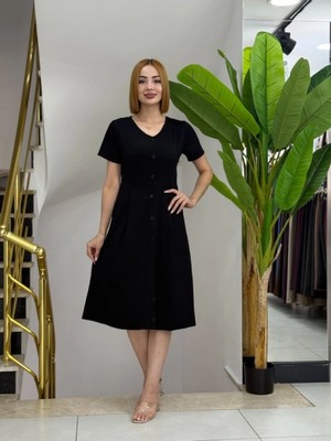 Marsilyan- Kadın Kısa Kollu V Yakalı Önden Düğmeli A Kesim Dokuma Elbise