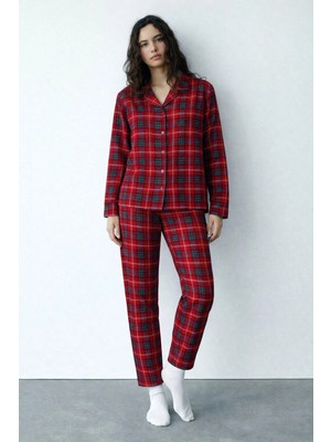 Erdenay Tekstil Ipeksi Dokulu Süet Kadın Pijama Takımı Kırmızı Ekoseli