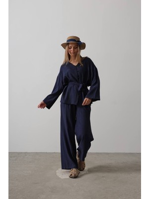 Kinzi Koyu Mavi Oversize Gömlek ve Pantolon Takım