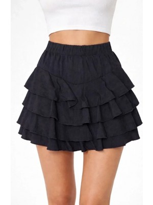 Marsilyan- Siyah Katlı Mini Fırfıtlı Etek Lastikli Yüksel Bel, Volanlı Tasarım, Rahat Kalıp, Günlük ve Şık Kombinelere Uygun Yazlık Etek - Siyah