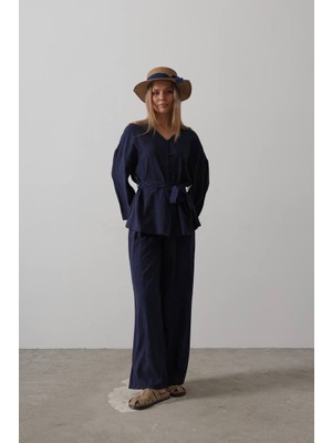 Kinzi Koyu Mavi Oversize Gömlek ve Pantolon Takım