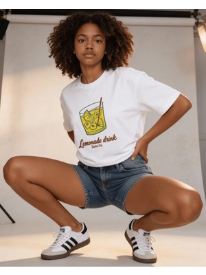 Dune Lemonade Drink Oversize 3 İplik Pamuk Baskılı Beyaz T-shirt