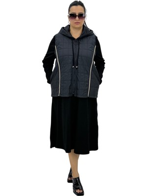 DARKWIN Büyük Beden Kadın Uzun Kollu Elbise Kapitone Kapüşonlu Yelek Üçlü Takım