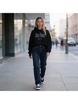 Father Dune Co. Oversize Pamuk 3 Iplik Şardonlu Kapüşonlu Siyah Sweatshirt