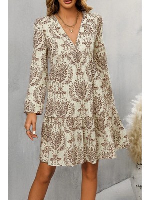 Marsilyan- Kadın Uzun Kollu V Yakalı Fırfırlı Mini Süprem Elbise