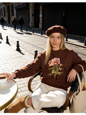 Dune Bloom Art Oversize Pamuk 3 İplik Şardonlu Kahverengi SweatShirt