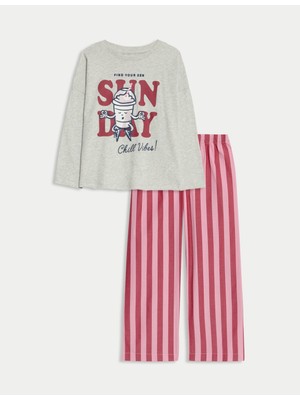 Marks & Spencer Saf Pamuk Baskılı Çizgili Pijama Takımı (1-8 Yaş)