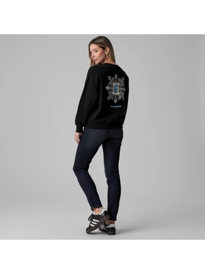 Dune Ethnic Blue Art Oversize Pamuk 3 İplik Şardonlu Siyah SweatShirt