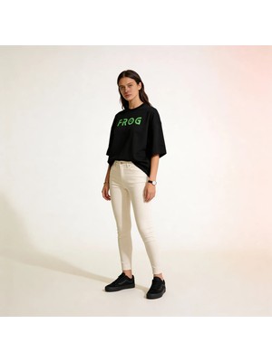Frog Oversize 3 Iplik  Pamuk Baskılı Siyah T-Shirt