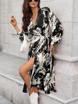 Marsilyan- Kadın Uzun Kollu Kruvaze Yakalı Yandan Bağlamalı Desenli Mini Modal Elbise