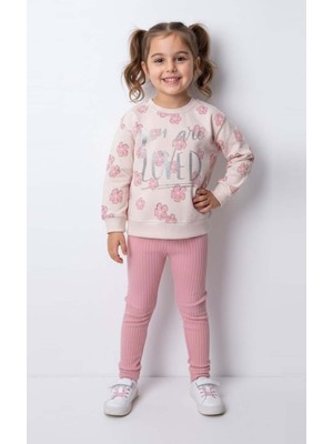 Kalp Baskılı Kız Çocuk Sweatshirt Tayt %100 Pamuk