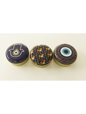 Artepieza Tarçın Kokulu Nazar Boncuk Konseptli Kahve Çekirdekli Metal Kutulu Hediyelik 3’lü Mum Seti 7.5*3.5 cm