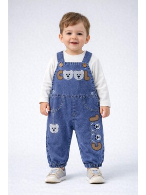 Dinamik çocuk Bebek Badili Salopet 2li Kot Tulum Takım Cool Ayıcık Nakışlı Mevsimlik Bayramlık 9-12-18AYLIK