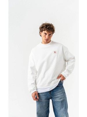 Ethnic Red Art Oversize 3 Iplik Diagonel Pamuk Nakış Beyaz  Sweatshirt