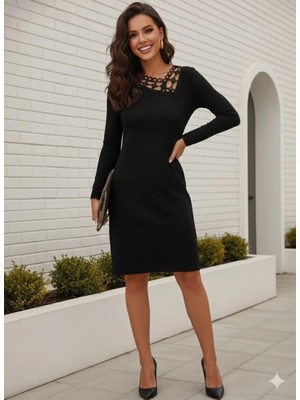 Marsilyan- Kadın Uzun Kollu Dantel Yaka Ithal Krep Mini Elbise