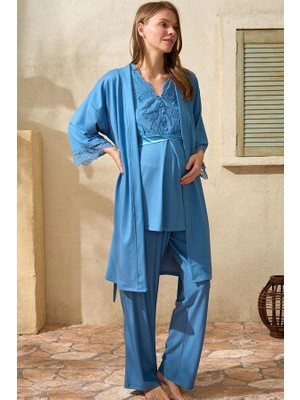 Vip Marketim Vipmarketim  Sıfır Kol V Yaka Kadın Viskon Düz Yazlık Uzun Dantel Detaylı Hamile Pijama Takımı Sabahlık