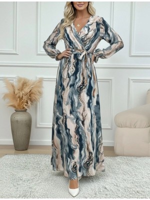 Marsilyan- Kadın Uzun Kollu Kruvaze Yakalı Beli Kuşaklı Desenli Süprem Maxi Elbise