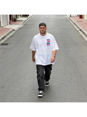 Dune New York City Oversize 3 İplik Pamuk Baskılı Beyaz T-shirt