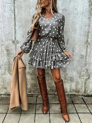 Marsilyan- Kadın Uzun Kollu V Yakalı Belden Kuşaklı Puantiyeli Mini Modal Elbise