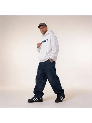 Monkeee Oversize Pamuk 3 Iplik Şardonlu Kapüşonlu Beyaz Sweatshirt